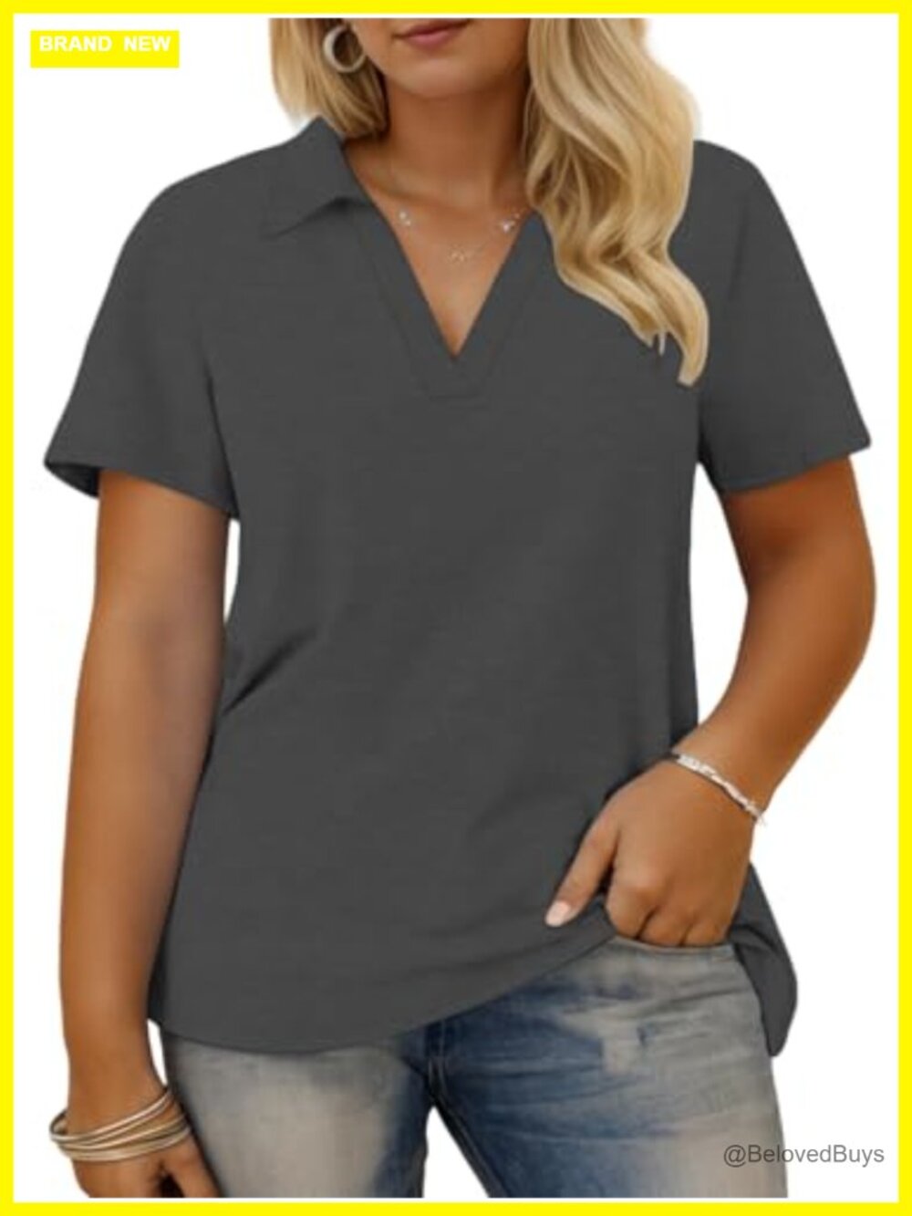 Plus Size Collared V Neck Polo Shirt Short Sleeve Flowy Tunic Top